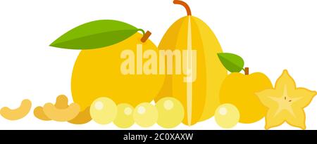 Set of exotic fruits of yellow color and cashew nuts flat isolated Stock Vector