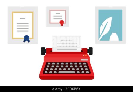 The ancient typewriter with certificate, diploma vector illustration in flat design. Stock Vector