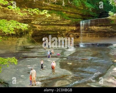 Visitors at LaSalle Canyon Falls, Starved Rock State Park, Illinois. Stock Photo