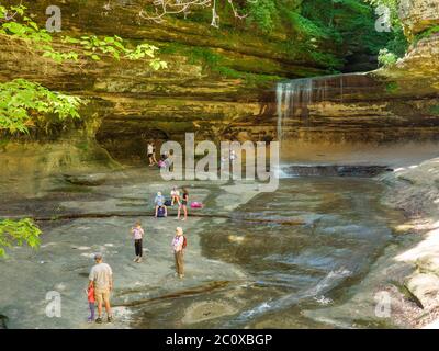 Visitors at LaSalle Canyon Falls, Starved Rock State Park, Illinois. Stock Photo