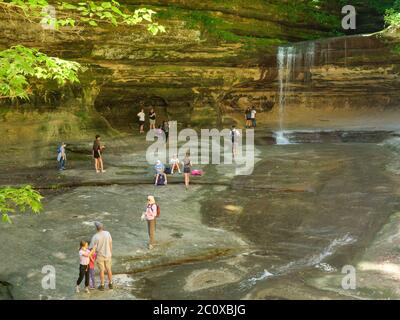 Visitors at LaSalle Canyon Falls, Starved Rock State Park, Illinois. Stock Photo