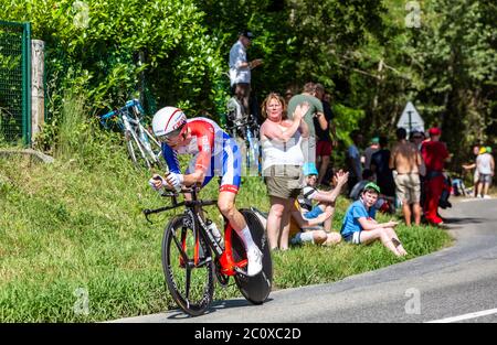 Bosdarros, France - July 19, 2019: The French cyclist David Gaudu of Team Groupama FDJ riding during stage 13, individual time trial, of Le Tour de Fr Stock Photo