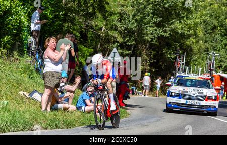 Bosdarros, France - July 19, 2019: The French cyclist David Gaudu of Team Groupama FDJ riding during stage 13, individual time trial, of Le Tour de Fr Stock Photo