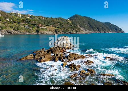 Sestri Levante, IT: Citta Dei Due Mari (City of the Two Seas) with Baia del Silenzio (Bay of Silence) and Baia delle Favole (Bay of the Fables) Sea ha Stock Photo