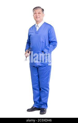 isolated old asian man doctor in blue uniform Stock Photo