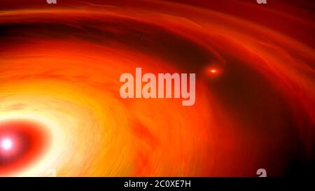 Artwork of a gas giant planet, forming in an accretion disc around a star. The planet (right) has cleared a gap in the disc as it sucks in gas and dust from its surroundings. Jupiter and Saturn are thought to have formed this way. Stock Photo