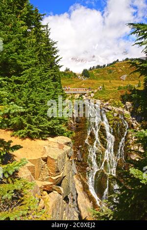 Myrtle falls with Mount Rainier in Mount Rainier NP, Washington, USA Stock Photo