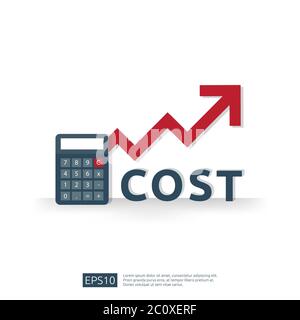 cost fee spending increase with red arrow rising up growth diagram. business cash reduction concept. investment growth progress with calculator elemen Stock Vector