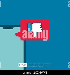 bad review concept. dislike bubble message symbol on phone screen media. hand thumbs down button logo icon. Social network flat design style banner co Stock Vector