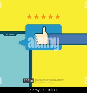 positive good review with hand thumb up symbol on phone social media notification. five stars service or product rate recommendation opinion and custo Stock Vector