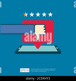 bad one star review concept. dislike bubble message symbol on phone screen media. hand thumbs down button logo icon. Social network flat design style Stock Vector