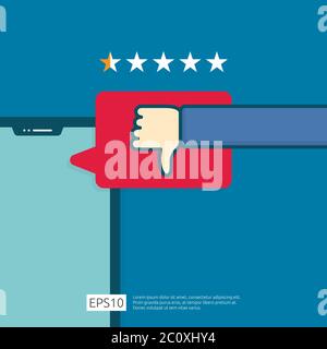 bad one star review concept. dislike bubble message symbol on phone screen media. hand thumbs down button logo icon. Social network flat design style Stock Vector