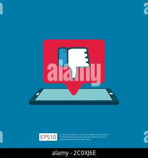 bad review concept. dislike bubble message symbol on phone screen media. hand thumbs down button logo icon. Social network flat design style banner co Stock Vector