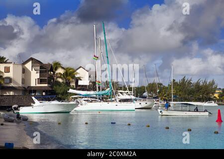 Catamarans and boats in a bay. Grand Bay (Grand Baie). Mauritius Stock Photo