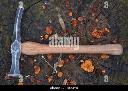 Hand made blacksmith hammer resting on an stump Stock Photo