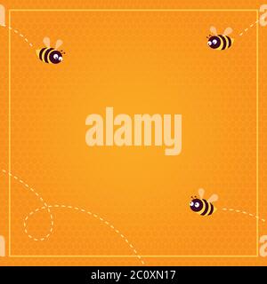 Vector illustration. Honeycomb pattern background and three flying bees. Square format, thin light border. Place for text. Stock Vector