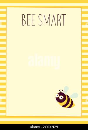 Vector background. Illustration of a cute cartoon flying bee with eyeglasses. Striped frame. Vertical A4 format. Place for text on a light yellow back Stock Vector