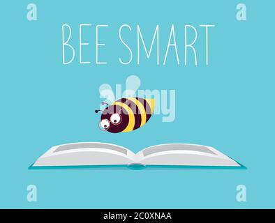 Vector illustration. Honeybee with eyeglasses flying over an open book and reading it. Text 'Bee Smart'. Turquoise background, horizontal format. Stock Vector