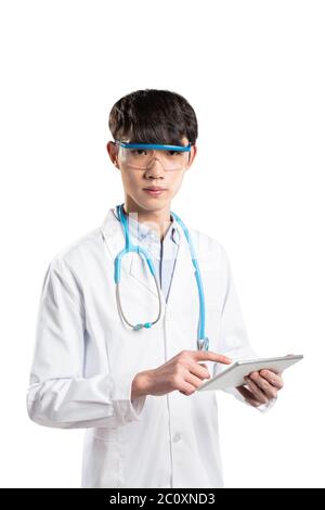 isolated young asian man doctor on white background Stock Photo