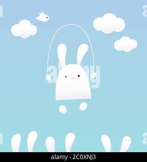 Vector illustration of a white baby bunny with skipping rope. Blue sky, clouds and bird on the background. Pastel colors. Stock Vector