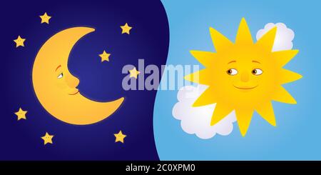 Vector cartoon illustration of half moon with stars and sun among clouds looking to each other and smiling. Horizontal format. Stock Vector