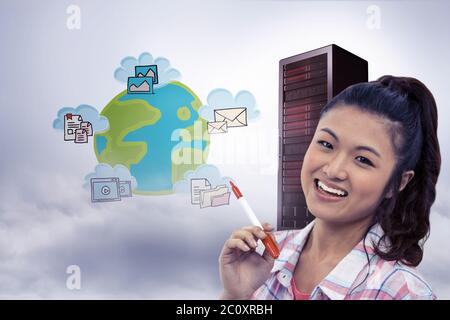 Composite image of smiling woman against wooden wall with notes on it Stock Photo