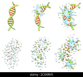 DNA helix breaking apart gradually into nothing animation, cartoon design element set, isolated vector, horizontal Stock Vector