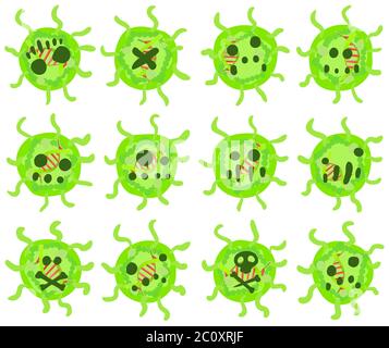 Virus ball tiny round characters green cartoon design element set, isolated vector, horizontal Stock Vector
