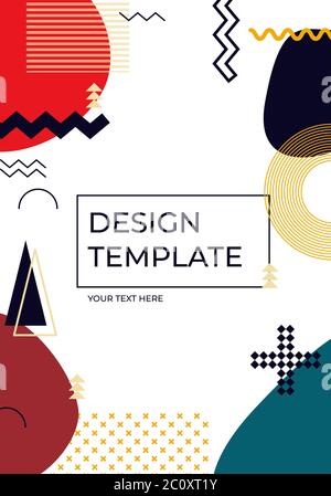 Geometric memphis cover vertical template closeup with space for text. Trendy art element and abstract different shape background. Great for magazine, pattern cover poster, banner. Vector illustration Stock Vector