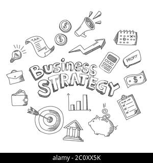 Hand drawn business illustration graphic element. Simple black and white flat outlined business icon. Hand drawing business strategy doodle vector. Stock Vector