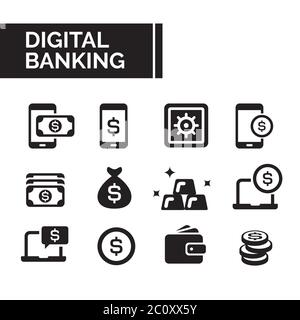 Simple flat filled basic icon elements set of digital banking activities. Internet banking icon collection for user interface graphic resources. Stock Vector