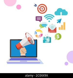 Vector illustration of online marketing strategy with multimedia service platform. Business service promotion plans. Top internet marketing product. Stock Vector