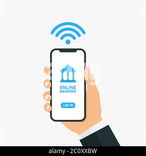illustration of a businessman holding a smart phone to conduct transactions with online banking. The use of online banking software to do finance act. Stock Vector