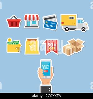 Sticker set elements of online shopping activities. Vector illustration of internet service for online shopping. Stock Vector