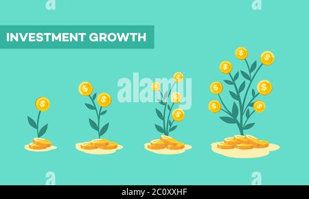 illustration of investing money. Money tree plants that grow and develop from financial investment. The concept of growing profits in investment. Stock Vector