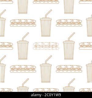 sandwich cola drink cup outline seamless pattern Stock Photo
