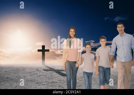 Composite image of portrait of happy family walking over white background Stock Photo
