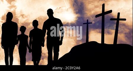 Composite image of portrait of happy family walking over white background Stock Photo