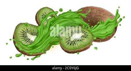 Whole and sliced kiwi in green juice splash Stock Vector