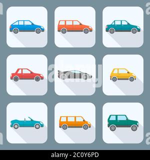 colored flat style various body types of cars icons collection Stock Photo