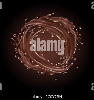 Liquid chocolate splashes circle on a dark background Stock Vector