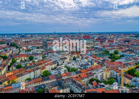 Fantastic view over Munich with its popular bulb tower of the Frauenkirche. Morning cityscape of the wonderful german city. Stock Photo