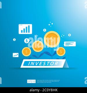 financial business investor funding concept with grow money coin plant illustration. Return on investment ROI or salary payment conceptual. vector ill Stock Vector