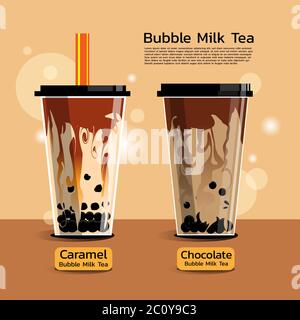 Bubble Milk Tea set, Chocolate Milk and Caramel Milk flavor. Very famous drink of Thailand, Taiwan and around the world. Stock Vector