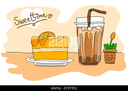 Orange cake with iced coffee or tea cup. Draw and paint illustration about sweet dessert. Friendly freehand vector for advertising commercial. Stock Vector