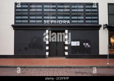 The Sephora store in downtown Portland, Oregon, is seen boarded up to protect from further damage amid the protest, on Friday, Jun 12, 2020. Stock Photo