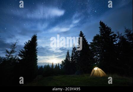 Beautiful summer night in the mountains, magical sky full of stars over high tops of spruce trees and illuminated tourist tent in the middle of mountain glade. Concept of travelling, hiking, camping. Stock Photo