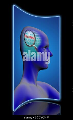profile of a man with close up of magnifying glass on ID fraud Stock Photo