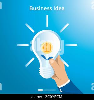 Buy and sell transaction of business idea with hand hold light bulb dollar coin bag and growing plant object. Financial innovation solution concept or Stock Vector