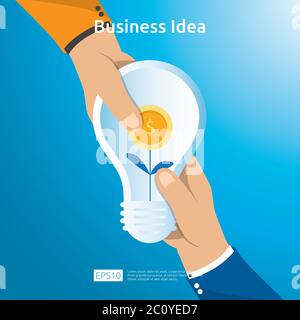 Buy and sell transaction of business idea with hand hold light bulb dollar coin bag and growing plant object. Financial innovation solution concept or Stock Vector